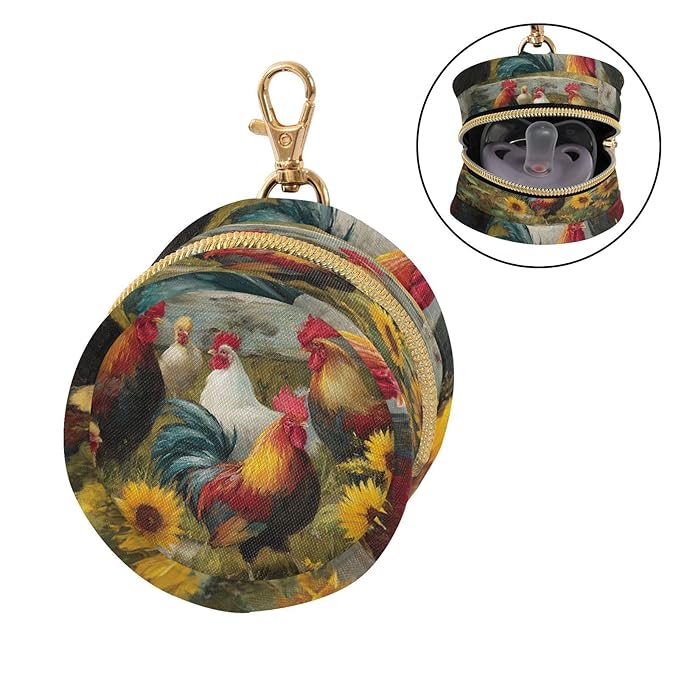 Pacifier Holder with Clip Pacifier Case for Diaper Bag Round Baby Pacifier Pouch Box Bag Portable Roosters Vintage Sunflower