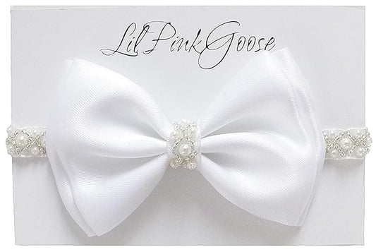 0-12 Newborn Baby Baptism Pearl Headband or Clip with Bow in WHITE Christening Headband with Satin Bow, Pearl Rhinestone Band (White(0-3Months), 1 Count (Pack of 1))