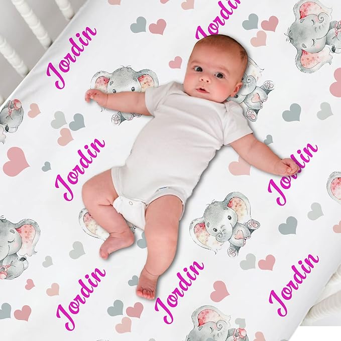 Personalized Pack and Play Sheets for Baby Girls - Custom Name Mini Crib Sheets, Soft and Breathable Material (Elephant Pink)