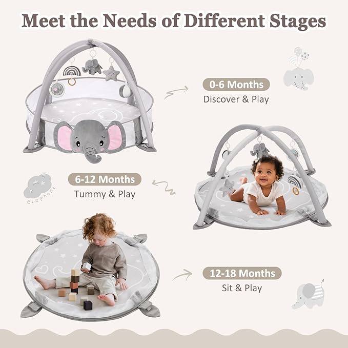 7-in-1 XL Large Baby Play Gym Mat, Tummy Time Mat, Baby Gym & Ball Pit, Baby Activity Mat with Milestone Cards & 6 Detachable Toys for Sensory Motor Skill, Elephant