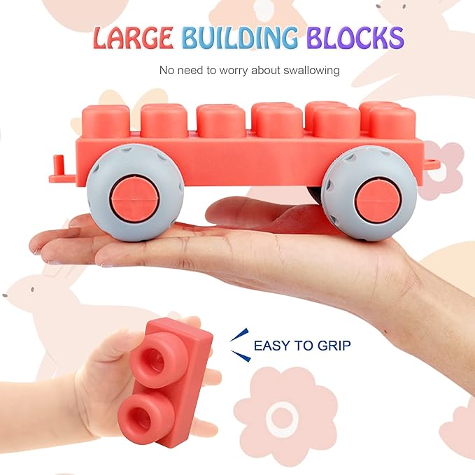 100PCS Baby Blocks Set with Storage Bucket, Building Block Toys STEM Educational Toddler Gifts, Rubber Soft Blocks for Preschool, Sensory Stacking Toys to Improve Creativity