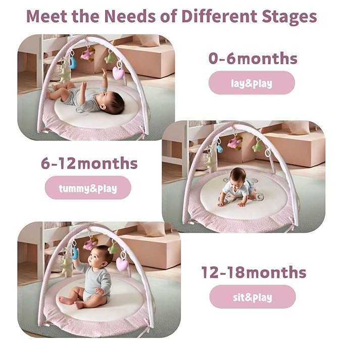 Baby Play Gym Mat & Activity Mat - 100% Cotton Soft Playmat with 6 Detachable Toys for Tummy Time, Machine Washable, Sensory Development Gift (Pink Bear)