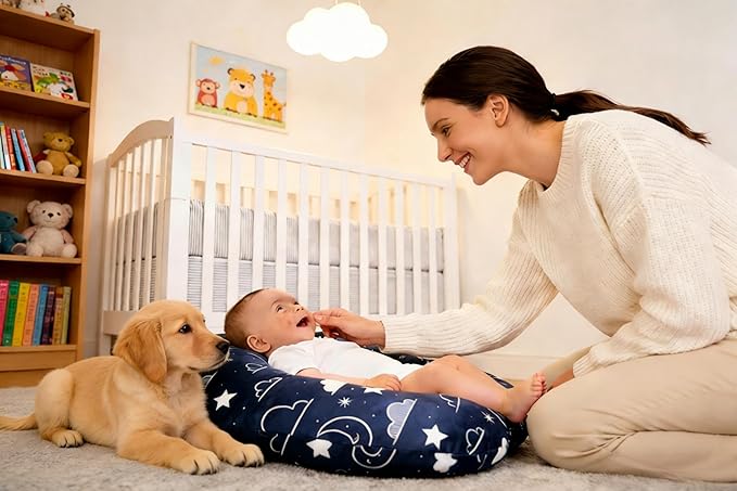 Newborn Lounger Cover - Hypoallergenic Minky Fitted Cover for Boppy Lounger Pillow - Stain-Resistant & Soft Baby Lounger Replacement Cover (Navy Blue, Stars and Clouds)