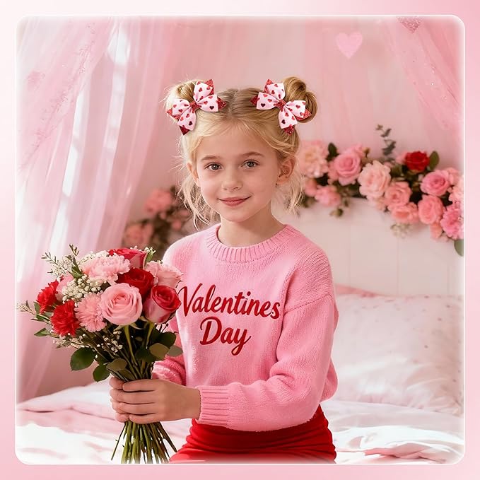 YanJie 3’’ 2Pcs Valentines Day Hair Bow Clips for Girls Pink Bows Hearts Hair Accessories for Women Glitter Hairpin Red Hair Clip