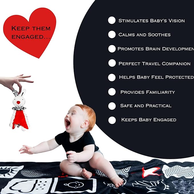 High Contrast Baby Security Blanket-Soft Sensory Lovey for Babies-Red, Black and White Blankie Comfort Toy (Bun Bun the Snuggle Bunny)