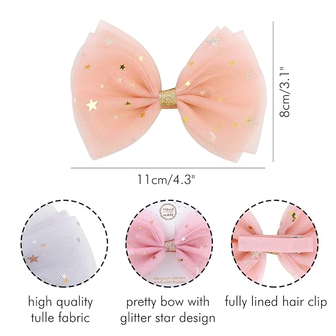 inSowni 12 Pack Tulle Bow with Glitter Star Alligator Hair Clips Barrettes Accessories for Baby Girls Toddlers Kids Children Teens Medium