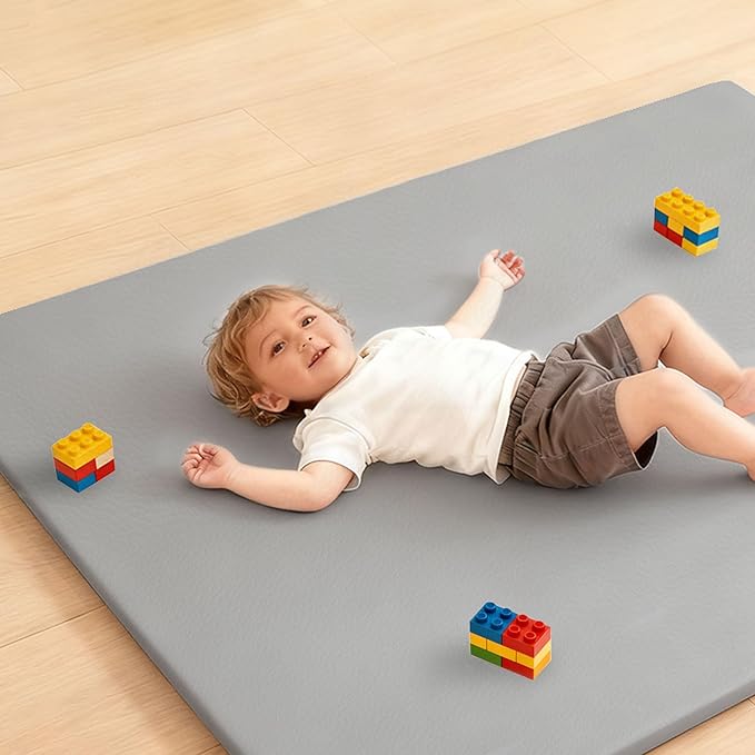 PU Leather Baby Play Mat for Floor, 74"×50" Playpen Mat, 1.3" Thick Elasti-Foam, Non-Slip Crawling Mat for Tummy Time, Waterproof & Wipe-Clean Playmat for Toddler,Infant, Kids (Grey）