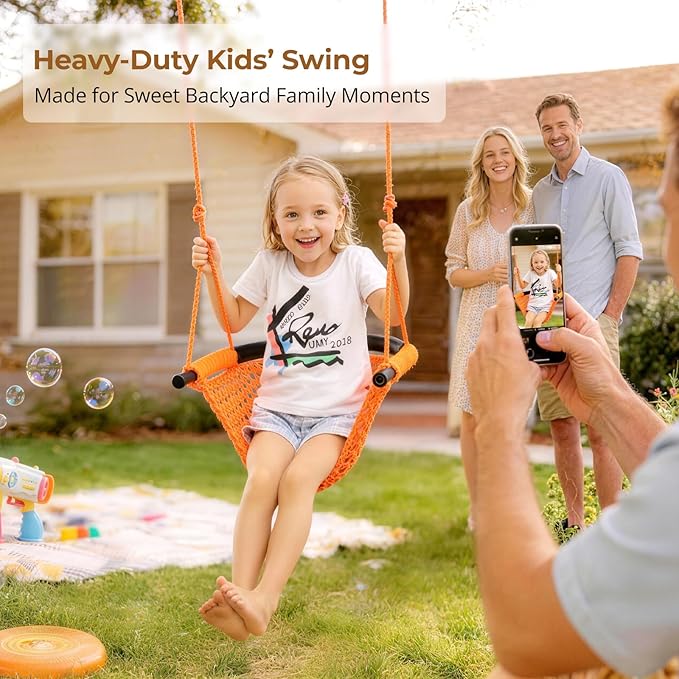 JKsmart Swing Seat for Kids Heavy Duty Rope Play Secure Children Swing Set,Perfect for Indoor,Outdoor,Playground,Home,Tree,with Snap Hooks and Swing Straps,440 lbs Capacity,Orange