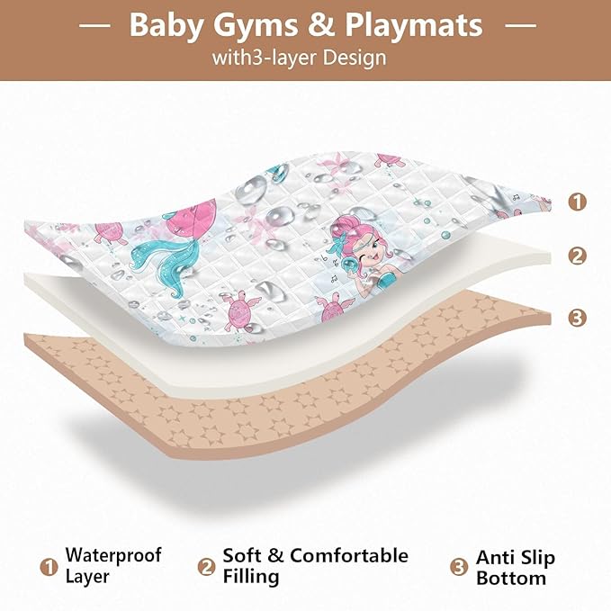 Baby Play Mat Beautiful Mermaid and Turtle 50 x 50 Playpen Mat Baby Play Mats for Floor Play Gym Crawling Mat Non-Slip Cushioned Baby Playmat for Infants, Babies, Toddlers