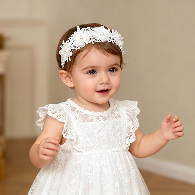 Baby Girls Hairband White Bow Lace Headbands Handmade Soft Stretchy Wide Head Band Newborn Hairbands with Bows Pearls Elastic Headband for Infant Hair Accessories（Five Pearl Flowers）