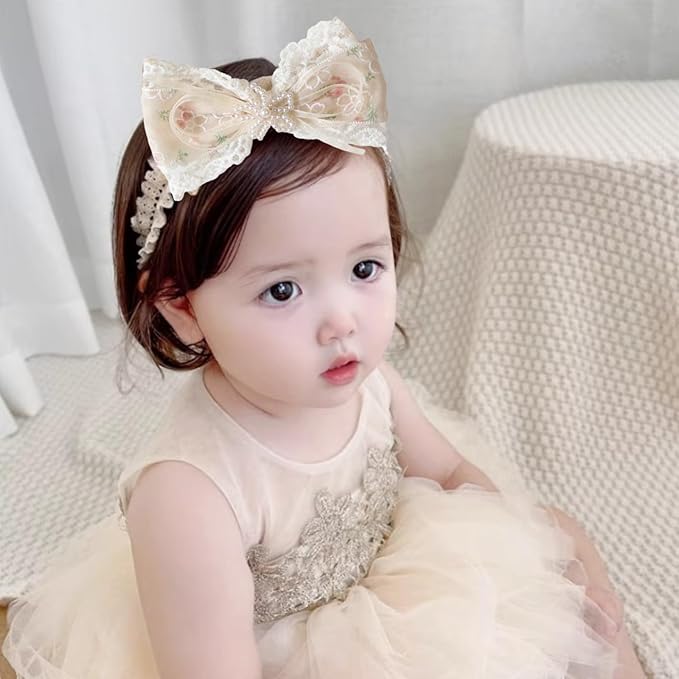 Baby Girls Hairband White Bow Lace Headbands Handmade Soft Stretchy Bowknot Hairbands Newborn Headband with Bows Pearls Elastic Head Band for Newborn Infant(Flower Embroidered Pearl Bow)