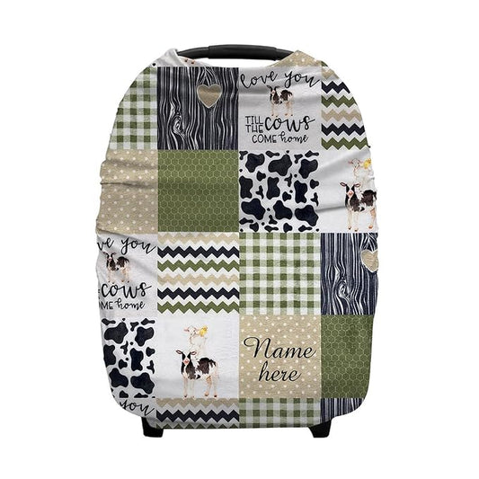 Personalized Cute Cow Plaid Baby Car Seat Covers with Name, Custom Nursing Cover Breastfeeding for Babies, Carseat Canopy for Boys and Girls, Infant Stroller Cover, Breathable Carseats Cover