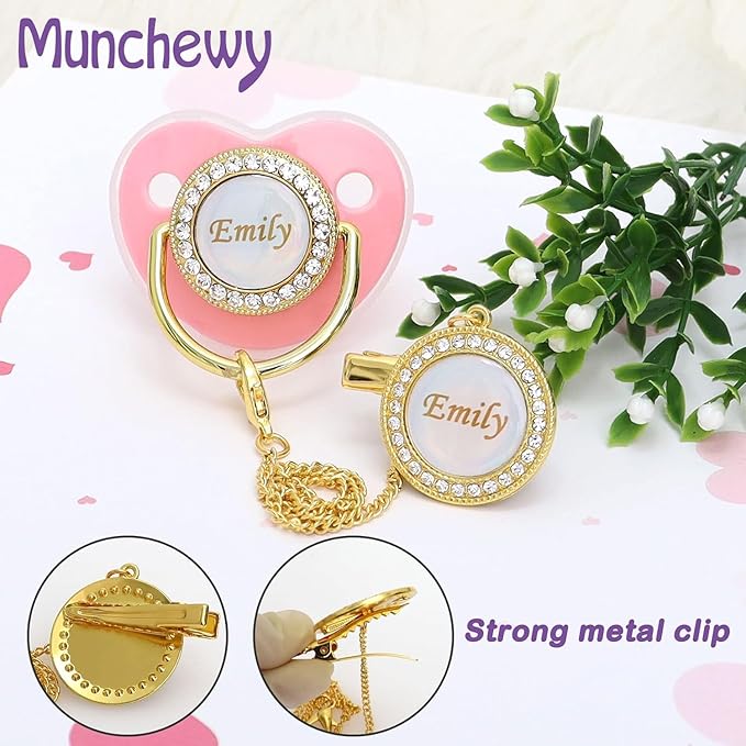 Personalized Pacifier with Name, Customized Pacifier Clip Set with Gift Box, Glitter Crystal Luxurious Soother Dummy Ideal Gift for Boys Girls Baby Shower(Gold)