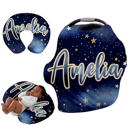 Personalised Car Seat Cover for Babies - Multi-use Carseat Canopy Cover with Name, Dark Blue Star Car Seat Covers, Christmas Birthday Gifts for Infant Boys and Girls