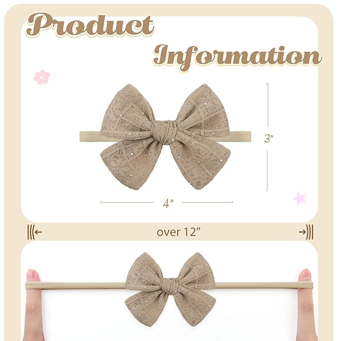 YanJie 3PCS 4’’ Lace Hair Bow for Girls Soft Nylon Baby Headbands Rhinestone Blue Purple Brown Bows Hair Accessories for Newborn Infant Toddler Girl