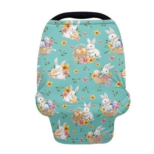 Wanyint Infant Car Seat Cover Stretchy Nursing Scarf Car Seat Canopy Shopping Cart Cover High Chair Cover Protect Babies Breastfeeding Mothers, Easter Rabbit Eggs Basket Flower Teal