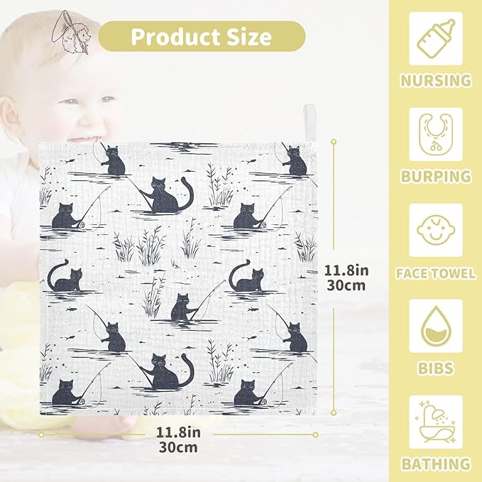 vvfelixl Baby Muslin Washcloths Cat Fishing Baby Burp Cloths Cotton Babys Face Towel for Newborn Infants Boys Girls Soft and Absorbent 11.8 X 11.8 in, 3 Pack