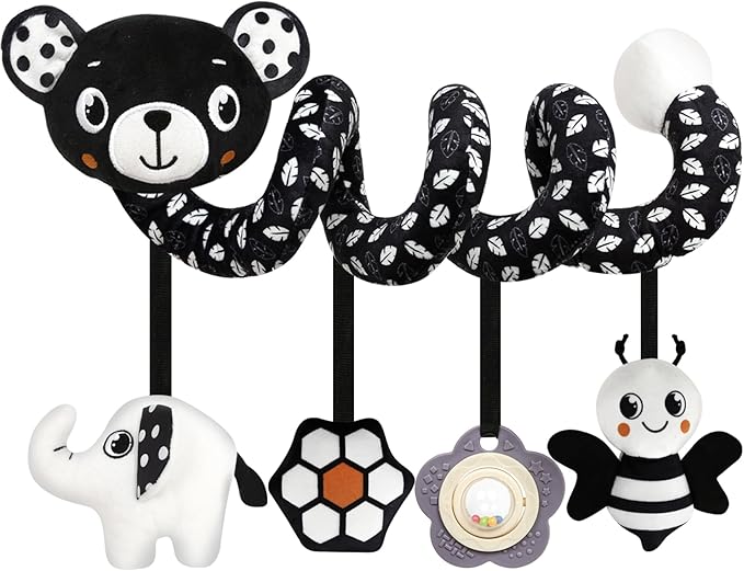 GKDOMS Baby Carseat Toy Black & White Rattle Spiral Hanging Activity Stroller Toy for Newborns Boys and Girls - Bear