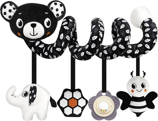 GKDOMS Baby Carseat Toy Black & White Rattle Spiral Hanging Activity Stroller Toy for Newborns Boys and Girls - Bear