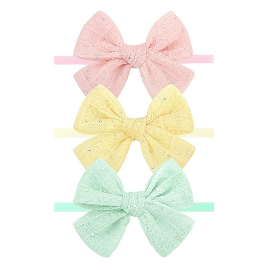 YanJie 3PCS 4’’ Lace Hair Bow for Girls Soft Nylon Baby Headbands Rhinestone Pink Yellow Green Bows Hair Accessories for Newborn Infant Toddler Girl