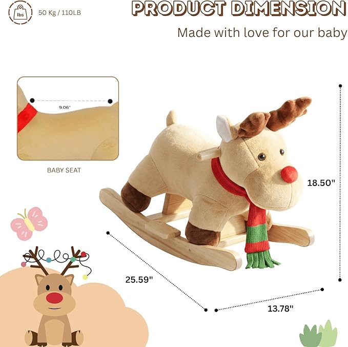 Rocking Horse Baby, Plush Stuffed Rocking Toy for 1-3 Year Old Toddlers, Wooden Reindeer-Shaped Rocking Toy, Apricot Reindeer