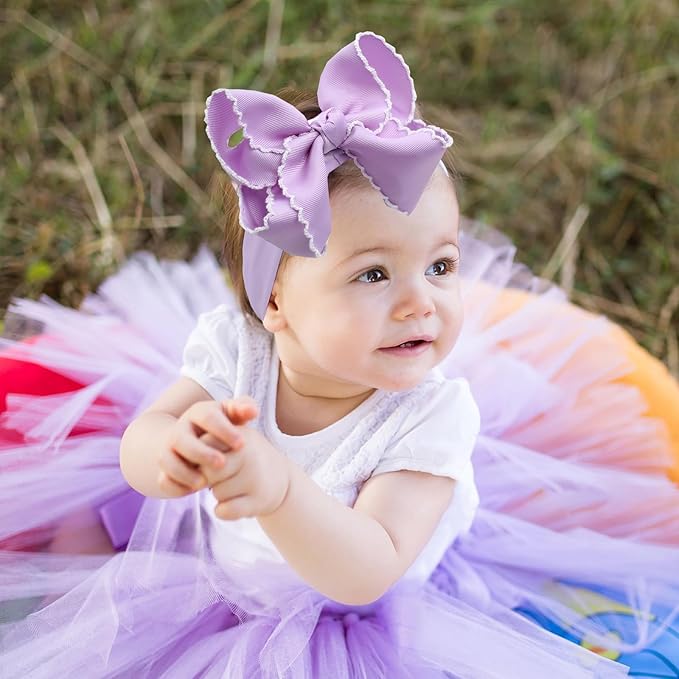 6'' Jumbo Purple Baby Girls Bow Headbands, Handmade Grosgrain Moonstitch Boutique Baby Headwraps, Super Stretchy Soft Nylon Headbands for Newborns, Infants & Toddlers