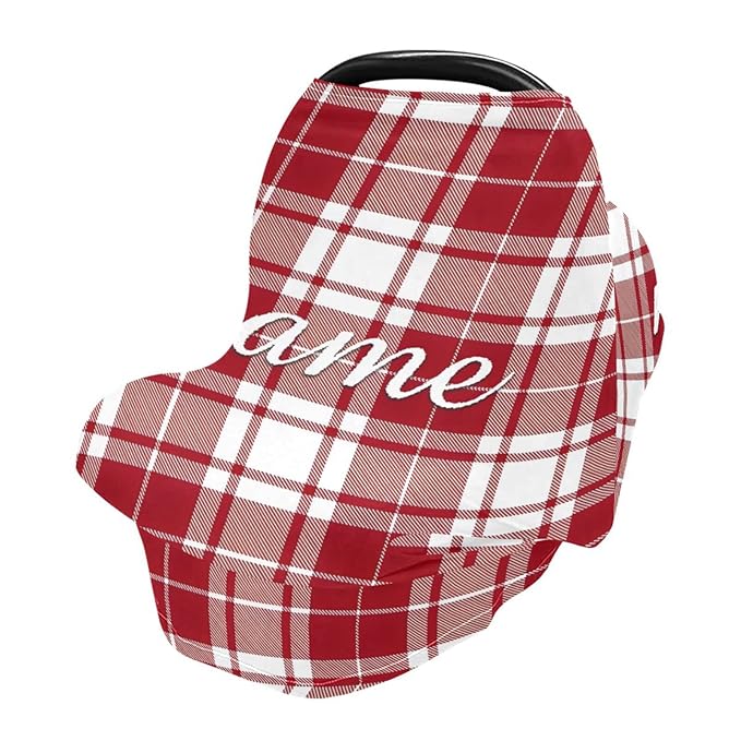 Personalized Baby Car Seat Cover for Babies, Custom Name Baby Car Seats Canopy for Boys Girls, Nursing Breastfeeding Stroller Covers for Infant Newborn, Shower Gift (Red Plaid)