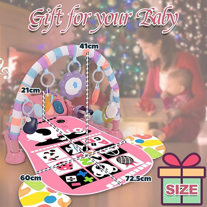 Baby Play Gym for 0-6 Months, High Contrast Tummy Time Mat, Kick and Play Piano, Music and Lights, Newborn Gifts for Girls, Pink