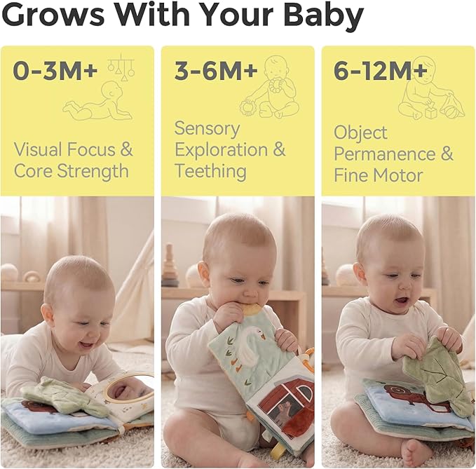 Mamimami Home Soft Baby Book with Teether & Mirror, Sensory Crinkle Cloth Books for Babies 0-12 Months, Montessori Farm Animal Tummy Time Toys, Portable Busy Book, Infant Toy for Newborn Shower Gift