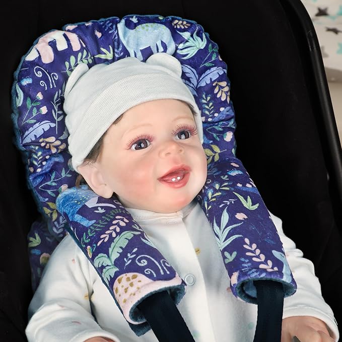 Pea Pod Infant Car Seat Insert with Strap Covers, All in One Reversible Baby Car Seat Head Support for Newborn, 3D Soft Minky Carseat Cushion for Preemie to Infant, Stroller, Swing, Bouncer, Dinosaur