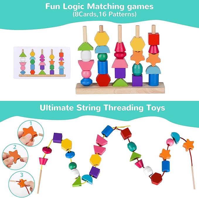 Montessori Bead Sequencing Toy Set, Wooden Stacking Blocks & Lacing Beads & Matching Shape Colors Stacker, Montessori Toys for 2 3 4 5 Year Old, Toddlers Preschool Learning Fine Motor Skills Toys