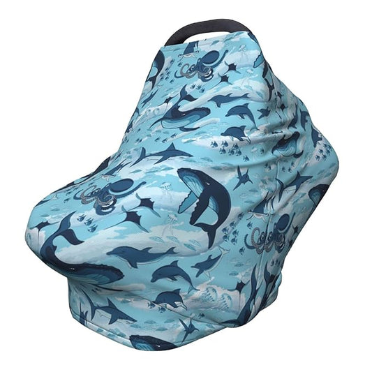Sea Waves Dolphins Sharks Whale Octopus Baby Stuff Car Seat Cover for Baby Carseat Covers for Girl Boy Stretchy Soft Breathable Breastfeeding Infant Car Seat Canopy Carrier Cover