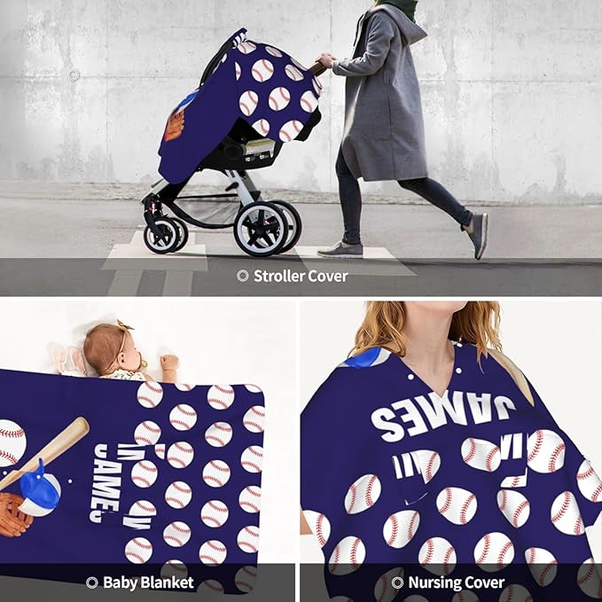 Personalized Baseball Baby Car Seat Canopy with Name – Custom Minky Nursing Cover with Opening, Infant Carseat Canopy for Newborn Boys Girls Baby Gift