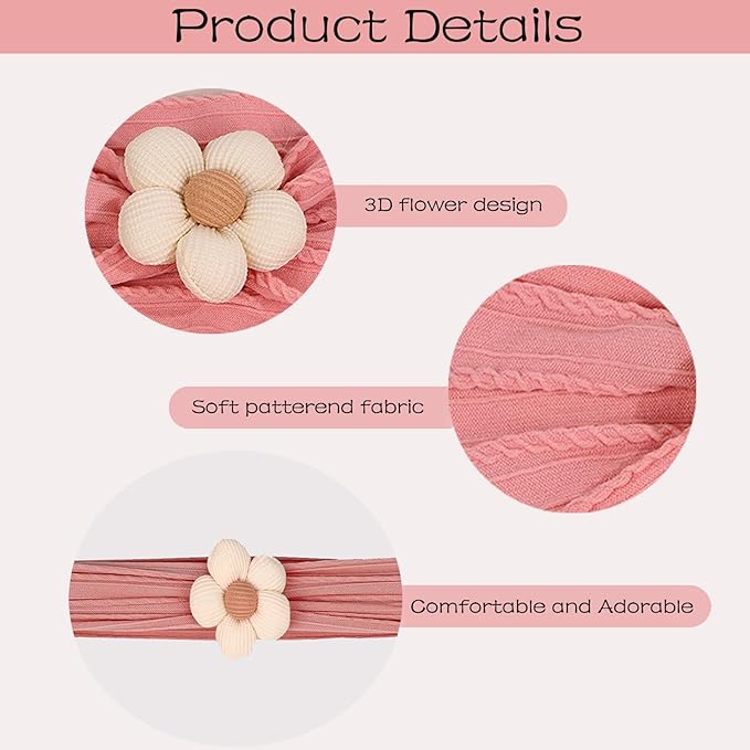 WillingTee 5 Pcs Baby Flower Headbands Baby Girls Nylon Headbands Soft Hairbands Hair Accessories for Newborn Infant Toddler Kids