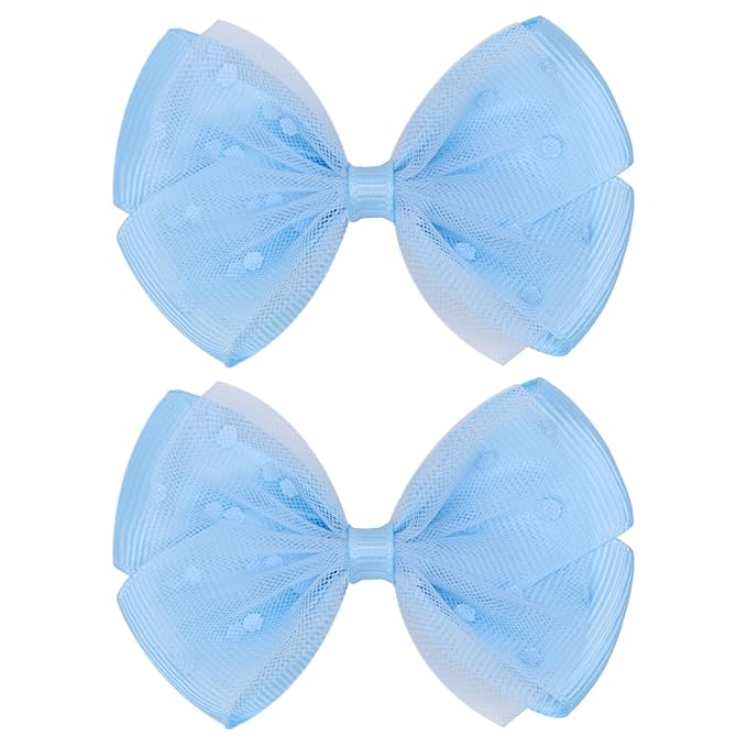 Tiny 3 Inch Dot Organza Double Hair Bow Clips - Cute Lined Boutique Alligator Hairpin for Girls, Toddlers, and Little Teens - Kids Barrettes Set of 2 Small Stylish (Light Blue)