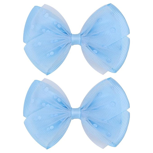 Tiny 3 Inch Dot Organza Double Hair Bow Clips - Cute Lined Boutique Alligator Hairpin for Girls, Toddlers, and Little Teens - Kids Barrettes Set of 2 Small Stylish (Light Blue)