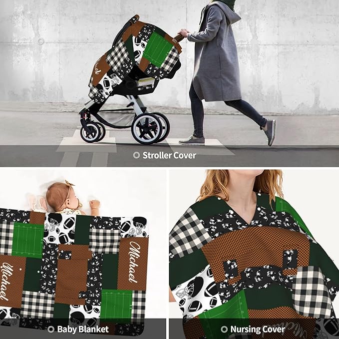 Personalized Football Baby Infant Car Seats Canopy for Babies with Name, Custom Multi-use Blankets for Baby Boys Girls, Peekaboo Minky Nursing Breastfeeding Stroller Cover Canopies for Newborn