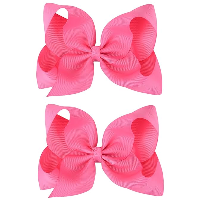 DEEKA 2 PCS 6" Big Hand-made Grosgrain Ribbon Solid Color Hair Bows Alligator Clips Hair Accessories for Little Teen Toddler Girls Kids Set of 2 -Hot Pink