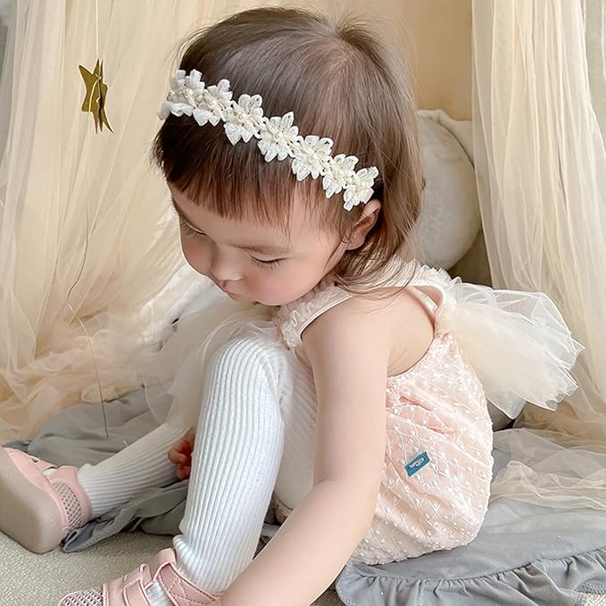 Baby Girls Hairband White Bow Lace Headbands Handmade Soft Stretchy Wide Head Band Newborn Hairbands with Bows Pearls Elastic Headband for Infant Hair Accessories（White Flower Pearls）