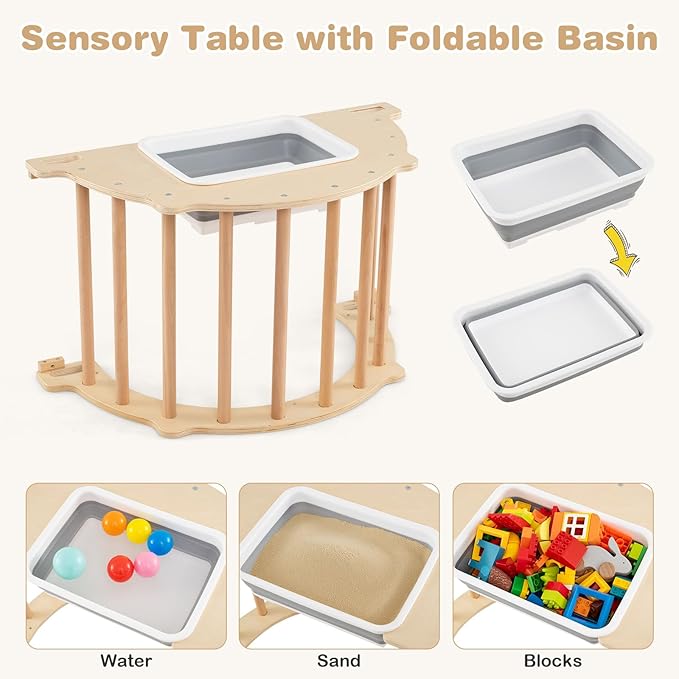 Olakids Climbing Arch for Toddlers, 4 in 1 Wooden Indoor Kids Climber Rocker Montessori Sensory Table with Foldable Storage Bin, Baby Pikler Set Gym Learning Crawling Toy for Children (Wooden)
