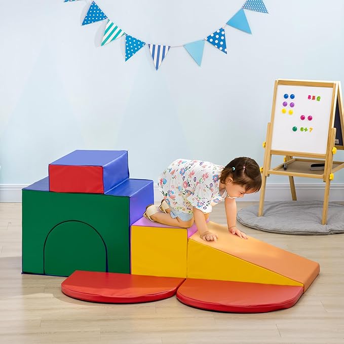 Qaba 7-Piece Baby Soft Play Equipment, Toddler Crawling Climber for Creativity and Shape Discovery with Easy-to-Clean Surface, Climbing Toy for Toddlers, Multicolored