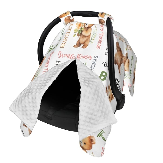 Custom Baby Car Seat Canopy Personalized Car Seat Covers with Name for Baby Boys Girls Customized Bear Nursing Breastfeeding Cover Infant Carseat Canopies Newborn Minky Baby Blanket