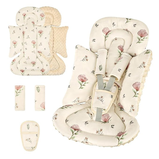 SWESEN Infant Car Seat Insert with 3 Strap Covers Set, Car Seat Head Support Baby for Girls, Soft 3 in 1 Baby Car Seat Cushion for Strollers, Bouncers, Swing, Simple Floral