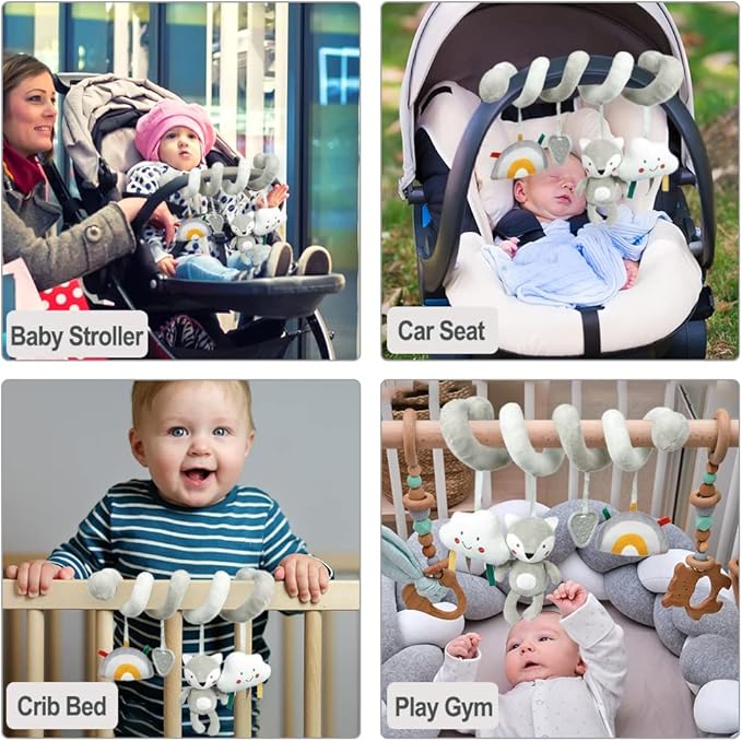 Baby Car Seat Toys, Infant Activity Spiral Plush Hanging Stroller Toys with Squeaker and teether for Car Seat Stroller Crib Bassinet (Grey Fox)