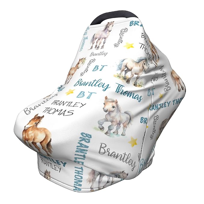 Personalized Car Seat Covers for Babies with Name – Multi-use Breastfeeding Cover Custom Horse Carseat Canopy Cover, Infant Stroller Covers for Boys and Girls