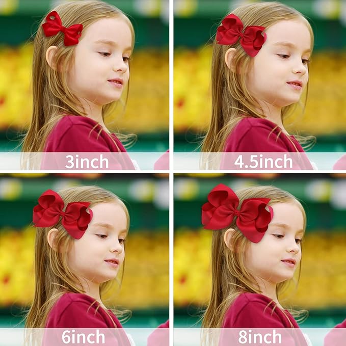 Oaoleer 8PCS Hair Bows for Girls Red Grosgrain Ribbon Boutique Bow Alligator Clips Hair Accessories for Toddlers Little Girls Kids (8inch, 6inch, 4.5inch, 3inch in Pair)