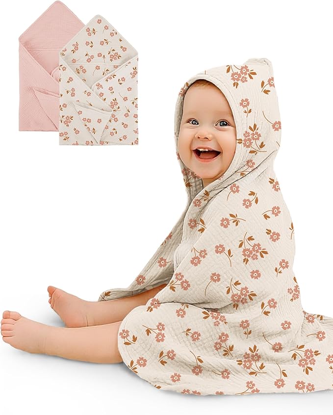 Hooded Baby Towels 2 Pack, Muslin Baby Bath Towels with Hood for Newborn Infant and Toddler, Soft Breathable & Absorbent, 32" x 32" (Floral & Pink, Heavyweight)