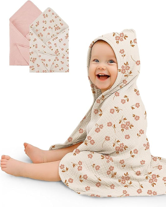 Hooded Baby Towels 2 Pack, Muslin Baby Bath Towels with Hood for Newborn Infant and Toddler, Soft Breathable & Absorbent, 32" x 32" (Floral & Pink, Heavyweight)