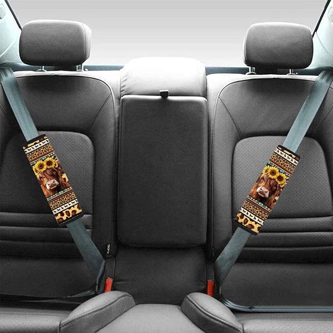 UNICEU Western Aztec Sunflower Highland Cow Auto Seat Belt Pads 2 Piece Sets Soft Comfortable Shoulder Seatbelt Pad Cover for Women Men,Southwestern Car Accessory Decoration