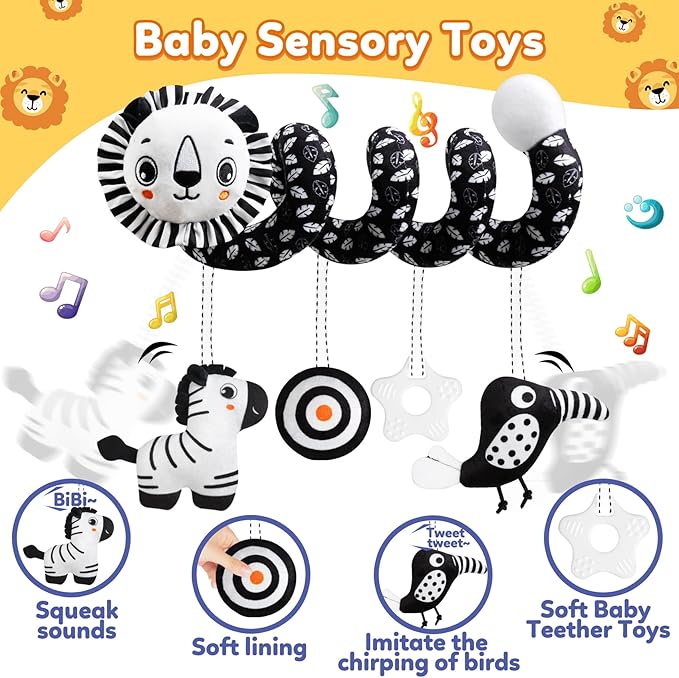 GKDOMS Baby Carseat Toy Black & White Rattle Spiral Hanging Activity Stroller Toy for Newborns Boys and Girls - Lion